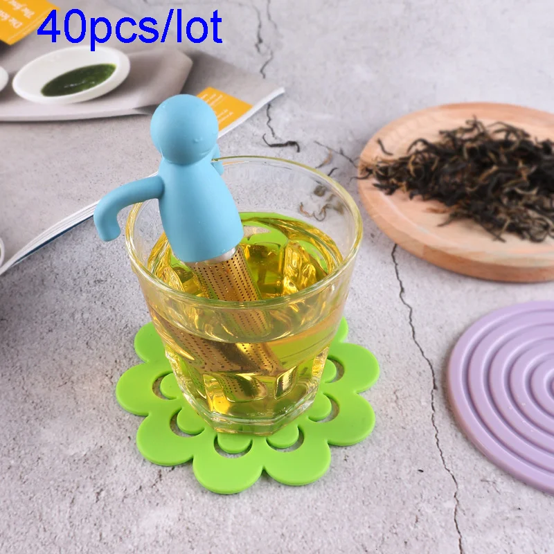

40Pcs/lot Little Man Shape Silicone Tea Strainer With Tea Infuser Filter for Brewing Tea Bags Tea Cup Decoration Kitchen &Tools