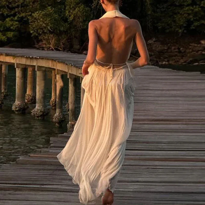 Женский плиссированный костюм с V-образным вырезом и открытой спиной