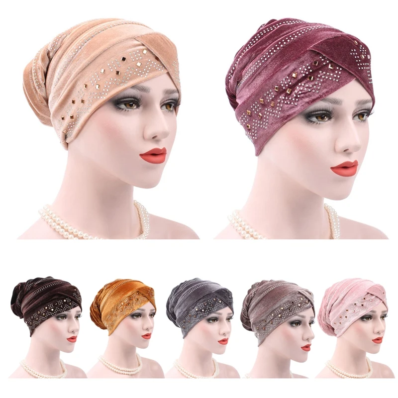 

Velvet Inner Hijabs Muslim Turban Caps for Women with Drill Ethnic Islamic Wrap Head Turbante Ready to Wear Hijab Bonnet