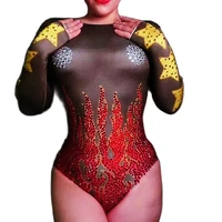 mesh gauze backless sexy bodysuit flame star pattern printing rhinestones bodycon stage wear lady party evening dance costume