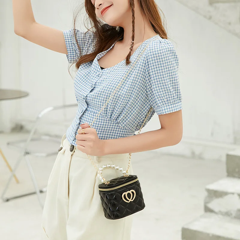 Double Love Heart Bucket Bag Pearl Tote Women Diamond Lattice PVC Cylinder Jelly Bag Zipper Chain Female Shoulder Messenger Bag