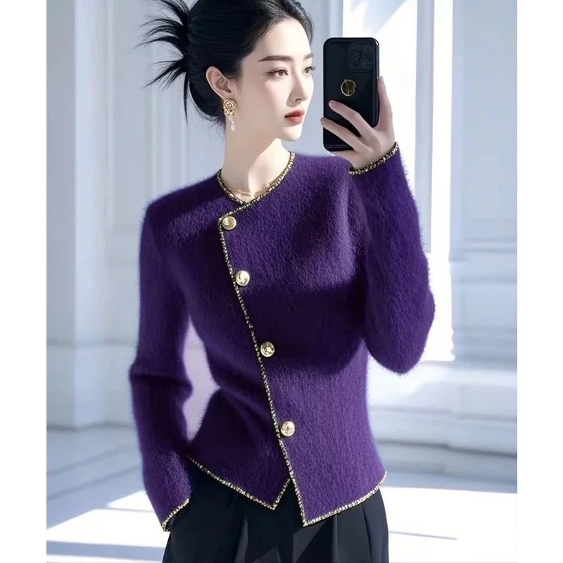 Женская одежда французские элегантные винтажные фиолетовые свитера офисные