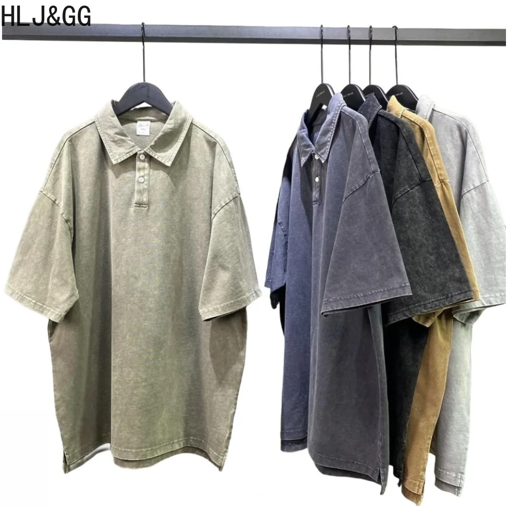 

HLJ&GG Vintage Batik Washed Men's Polo Shirt High Street Solid Side Slit Short Sleeve Tops Harajuku Breatheable Unisex T-shirts