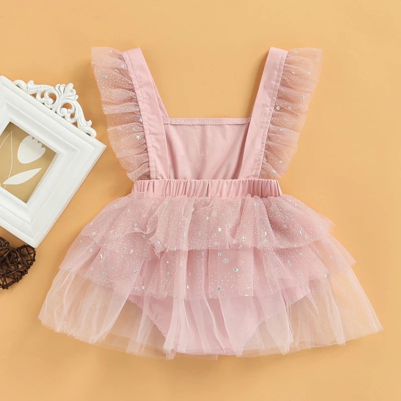 

0-18 Months Baby Girls Romper, Sleeveless Square Neck Sequins Party Princess Tulle Dress