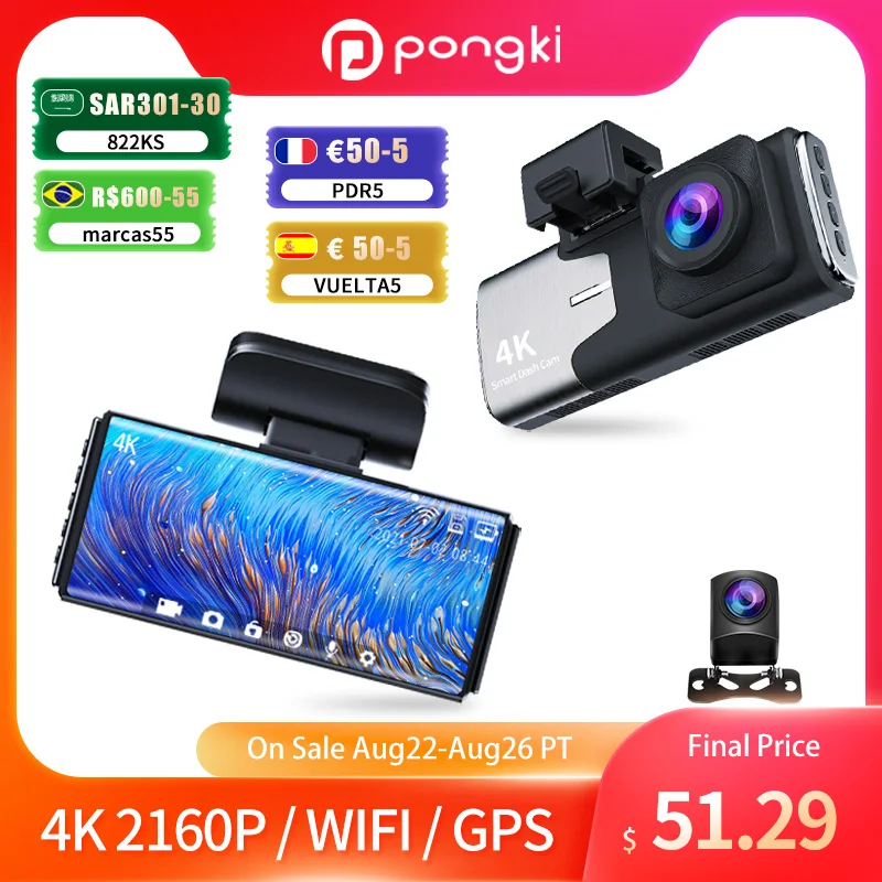 

Pongki A800 4K 2160P Dual Lens Dash Cam GPS WIFI APP Night Vision Camera Video Recorder 24H Parking Monitoring Car DVR Registrar