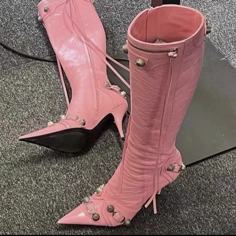 Sexy Veined Metal Cone Rivets Studs Knee Boots Woman Long Tassel Pointed Toe Fluorescent Leather Runway Boots Woman Knight Boots