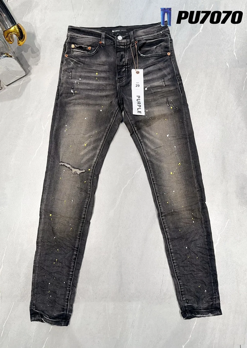 

2023 Purple Brand Paint graffiti Men's Slim Fit Washed Damaged Destroyed Hole Skinny Denim Jeans Pants Streetwear