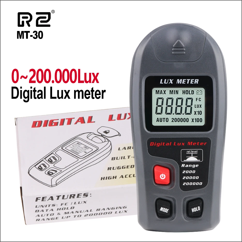 

RZ Digital Lux Meter 200,000 Lux Digital LCD Pocket Light Meter Lux/FC Measure Tester illuminometer Sensor Photometer MT-30