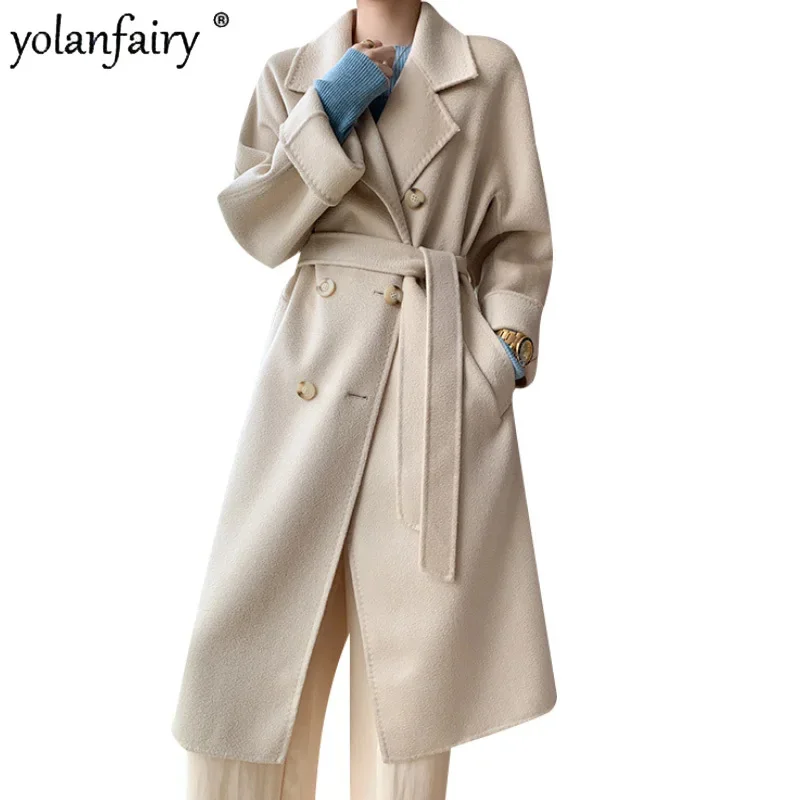 

Новинка Зима 2024, высококачественное двухстороннее шерстяное пальто, женская куртка из 100% шерсти, Женская Корейская приталенная куртка выше колена, с волнистым подолом