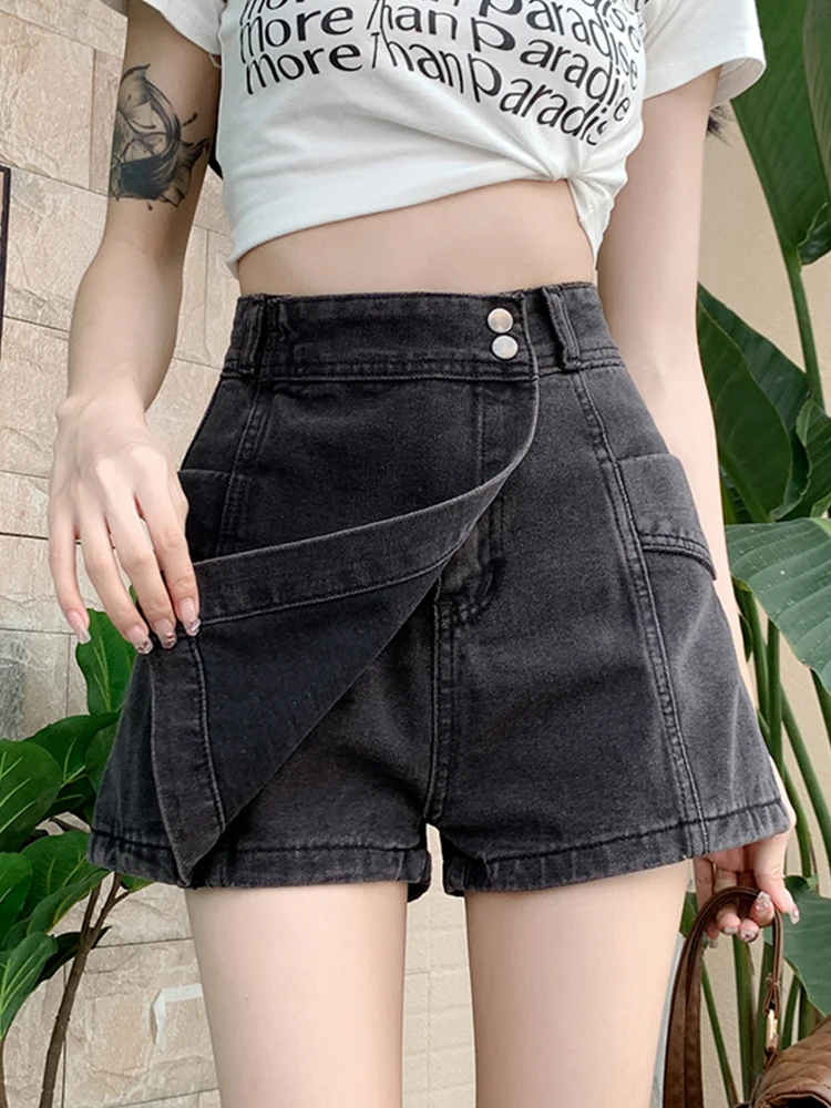 New Spring Summer Women High Waist Asymmetrical Denim Shorts Streetwear Female Pocket A-line Jeans Shorts Bottoms