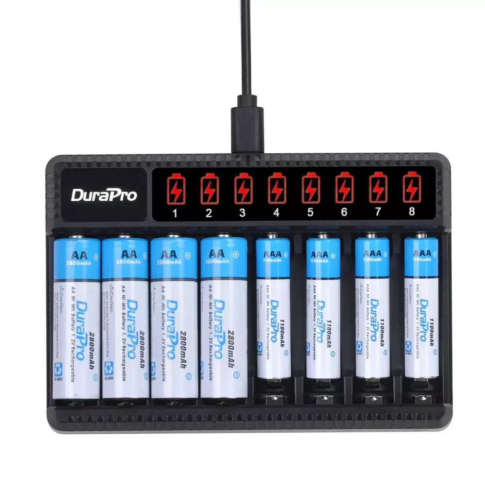 

DuraPro 2800mAH AA Rechargeable Battery+1100mAH AAA Ni-MH battery+8 Slots LCD Charger for Toys,Remote control,Speaker,Flashligt