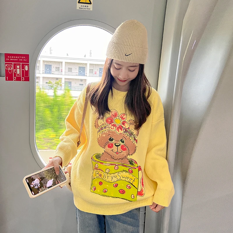 

Женский свободный пуловер, трикотажный свитер с мультяшным принтом чашки чая и медведя, Осень-зима 2022