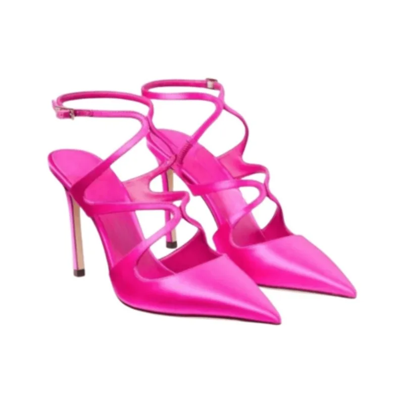 

2023 Newest Pointed Satin 10cm Slim Heel Sandals 34-43 Fashion Lacquer Leather Racing Party Sandals Banquet Party Women's Shoes