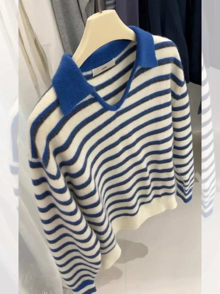 Высококачественный пуловер с лацканами в синюю полоску женский осенне-зимний