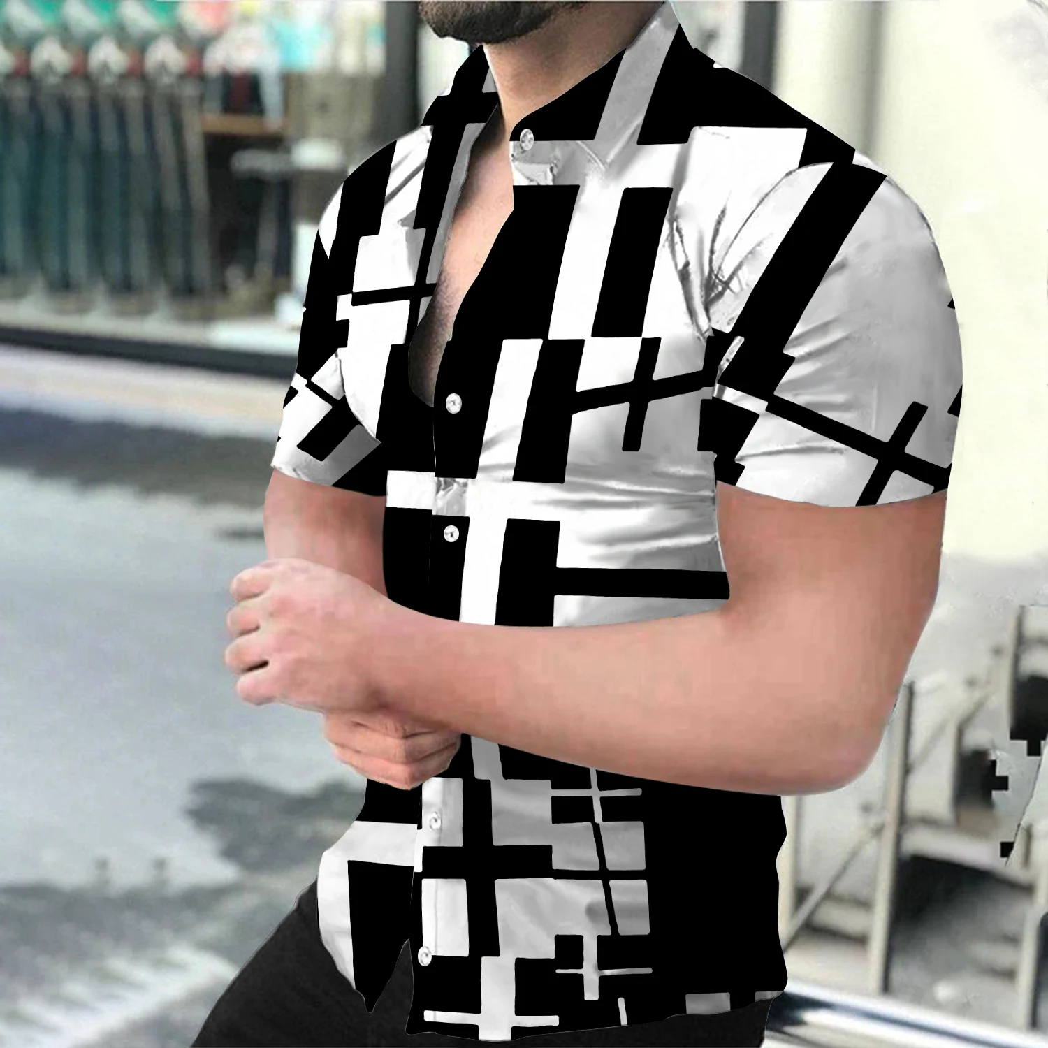 

Summer Men Shirts Turn-Down Collar Black White Printing Hawaiian Shirt Casual Streetwear Camisas Tops Social Chemise Homme S-4XL