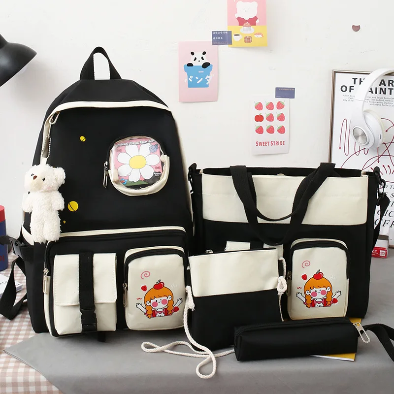 4 pcs sets canvas School Bags For Teenage Girls Female Children Shoulder Bags New Trend Female Backpack Fashion Women Backpack