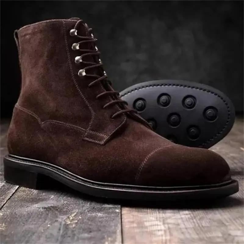 

2021 new men shoes fashion casual business dress wild handmade dark brown suede round toe square heel lace-up ankle boots