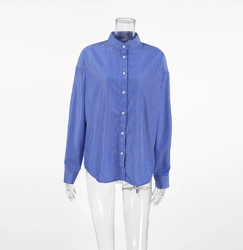 Уличный стиль женская мода синий и белый полосатый свободный кардиган рубашка