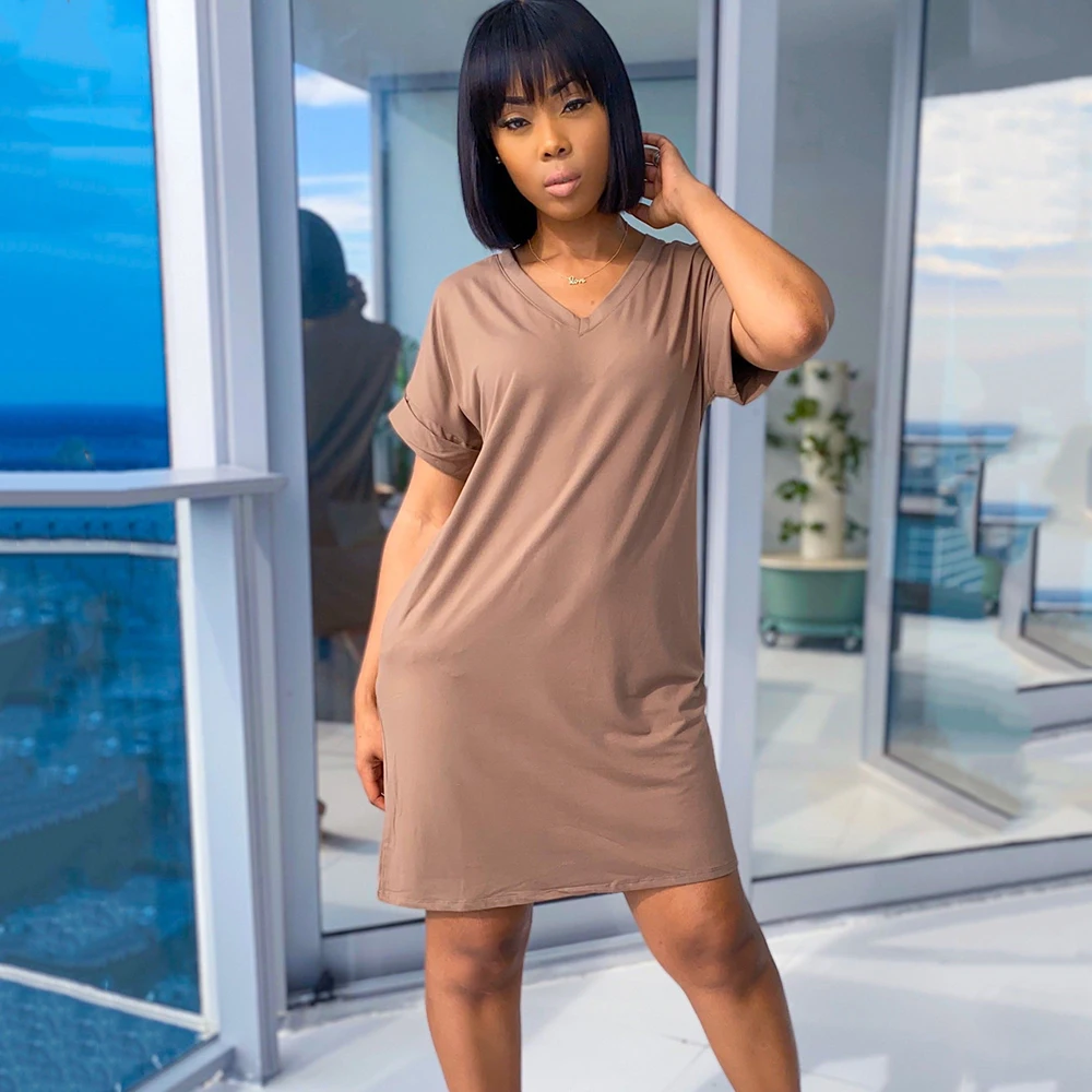 

Женское платье с коротким рукавом, V-образным вырезом и карманами