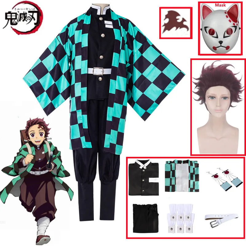 

Anime Kamado Tanjirou Cosplay Demon Slayers Kimetsu No Yaiba Cosplay Costume Wig Mask Kimono Cloak Halloween Uniform Adult Kids