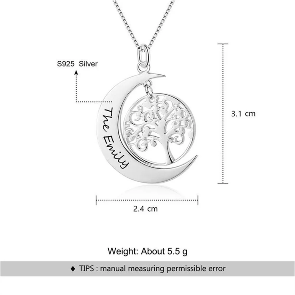 Personalized Carved Name Necklace Moon Shaped Tree Of Life Custom Sterling Silver Necklace And Pendant Custom Necklace