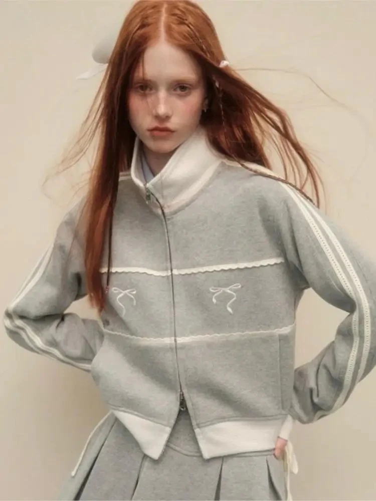 

Y2K Women Vintage Korean Fashion Streetwear Zip Up Crop Hoodies Harajuku Bow Cropped Zipper Jackets Kpop Sweatshirt Clothes