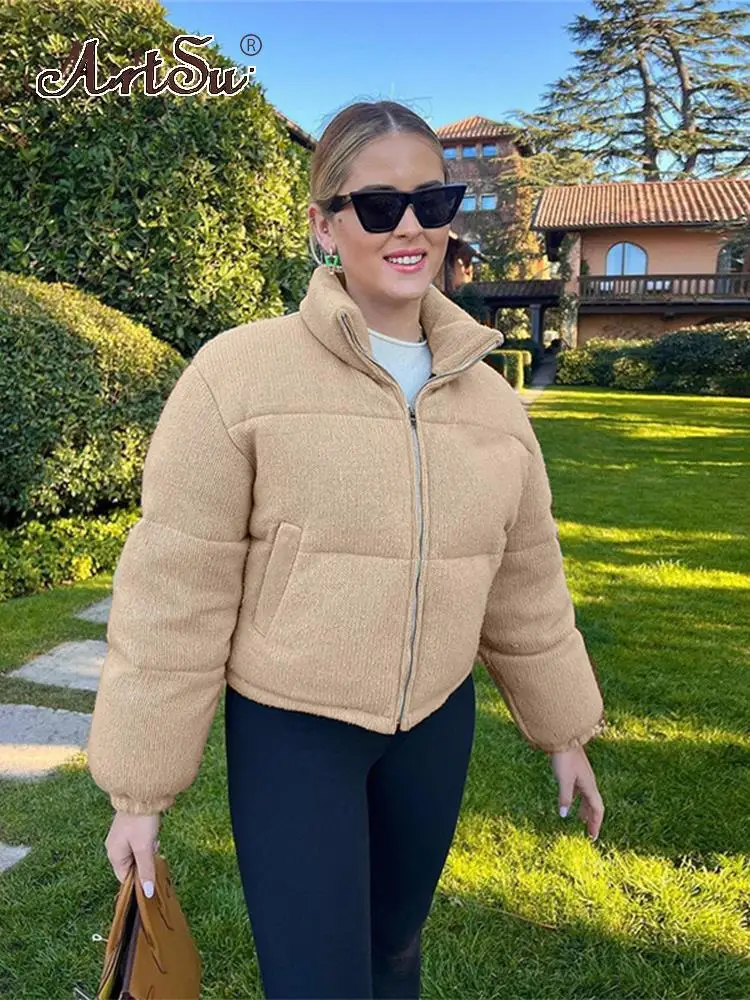 

ArtSu Winter Warm Thickened Cotton Short Jackets Women Stand Collar High Street Zipper Coat Hipster Female Clothing