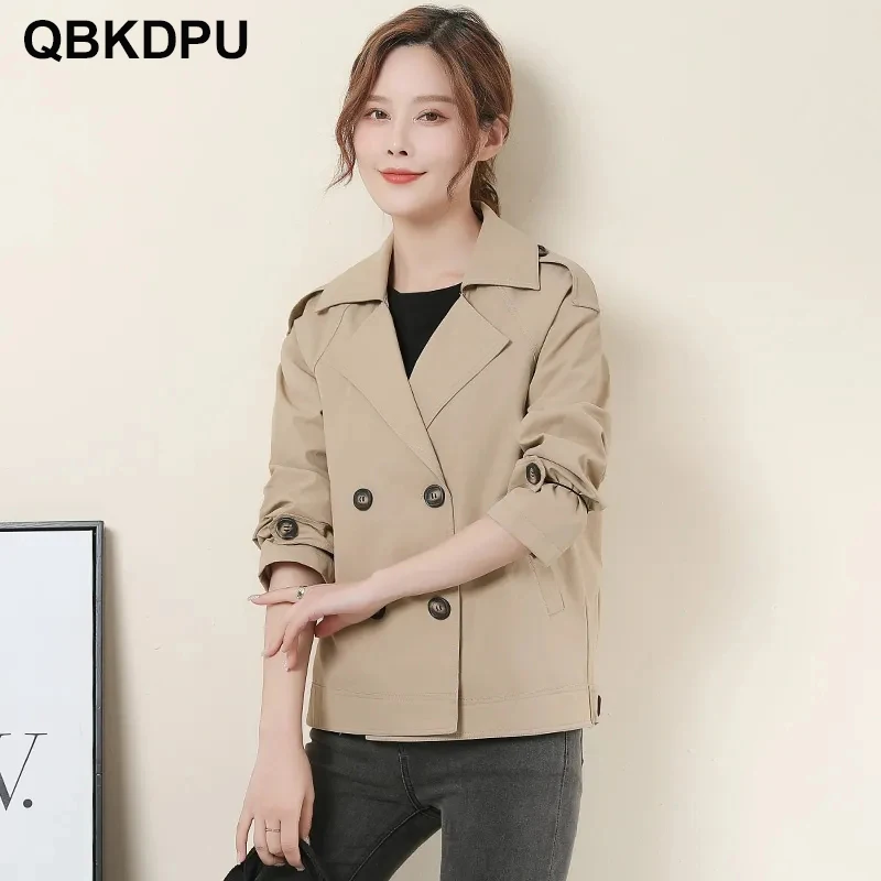 

Turn Down Collar Double Brested Classic Balck Trench Coats Women's Streetwear Retro Slim Windbreaker Elegant Solid Wind Outwear