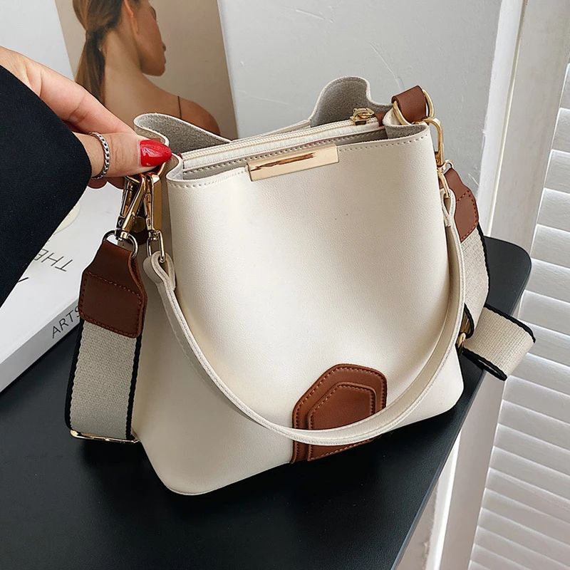 

Luxury Brand Women Messenger Bucket Bag High Quality 2023 Simple Wide Shoulder Strap One Shoulder Hit Color Retro Handbag Bolsas