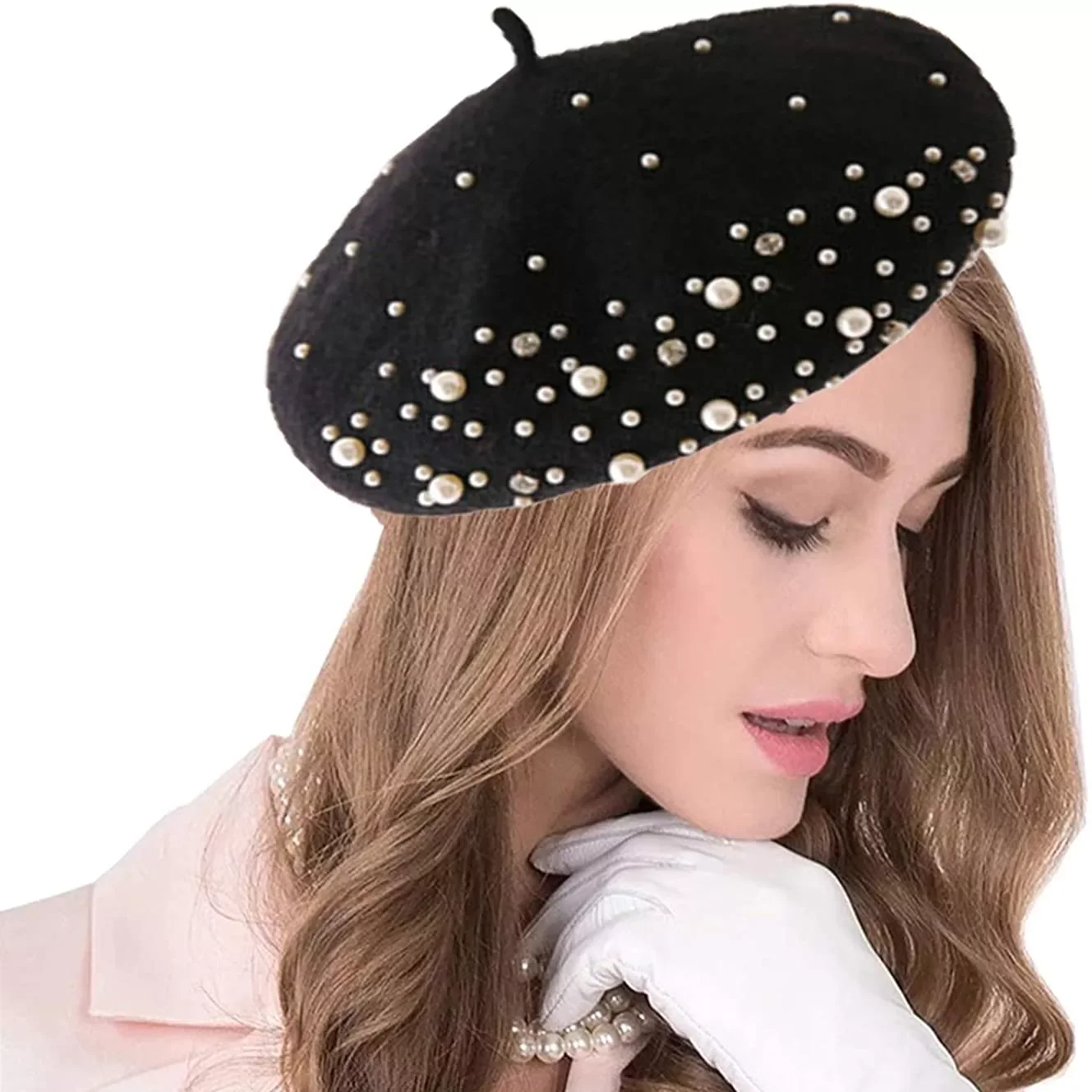 

Winter Warm Rhinestone Pearl Beret Hat Classic Beanie Caps French Berets Casual Wool Winter Hat Caps for Women Girl Cap