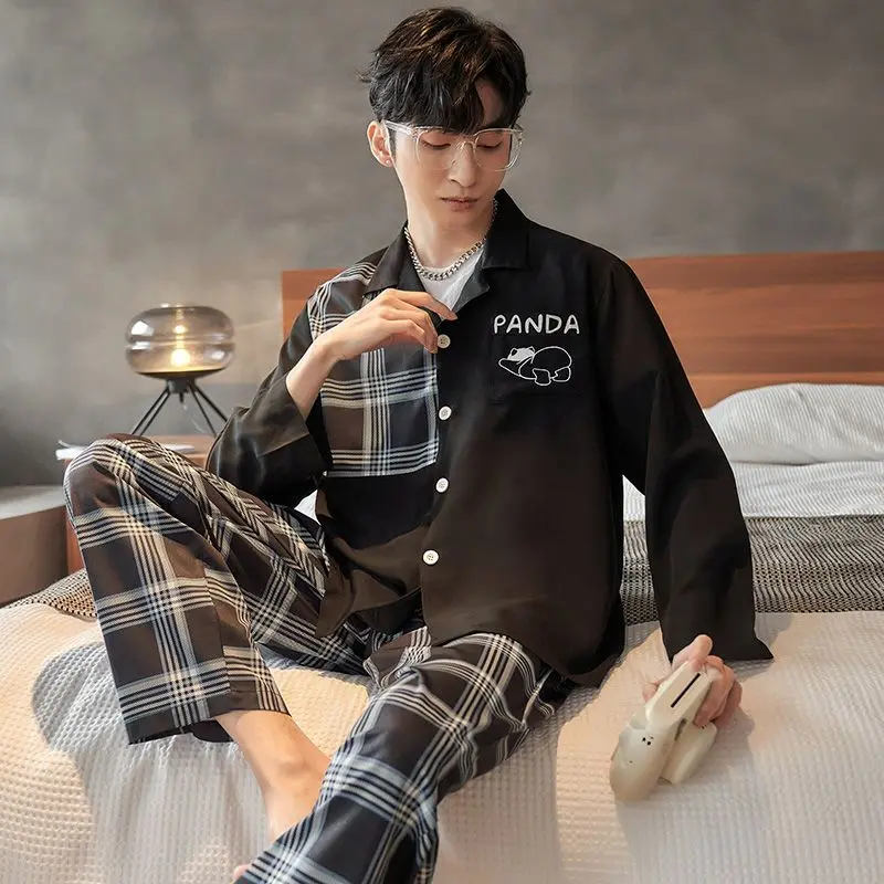 Pajamas Men's New Spring and Autumn Ice Silk Summer Long Sleeve Youth Cartoon Thin Large Homewear Set