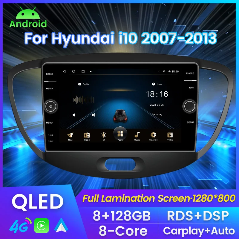 9'' 8GB+128GB Android system Car navigation GPS NAVI DVD player For Hyundai i10 2007 - 2013 Carplay DSP SWC WIFI 4G LTE NO DVD