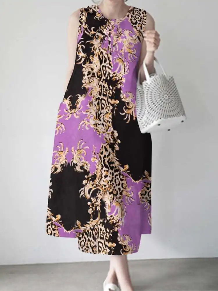 

Платье ZANZEA женское с круглым вырезом, повседневный свободный сарафан без рукавов, модная длинная одежда с принтом, большие размеры, лето 2022