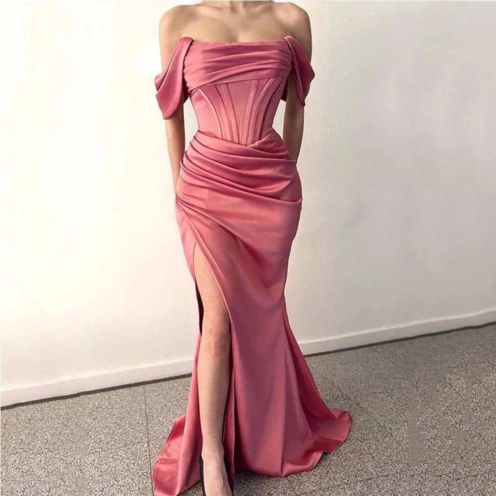 

Off The Shoulder Evening Dress For Women 2022 Boat Neck Sexy Mermaid Satin Prom Gowns Simple Pleat Robes De Soirée Custom Made