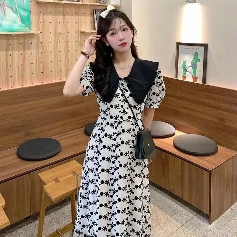 

Женское платье с цветочным принтом, облегающее платье средней длины с воротником-куклой в стиле ретро во французском стиле, лето 2022