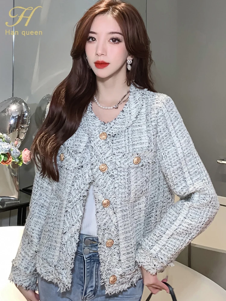 

H Han Queen french celebrity jacket autumn winter outerwear senior sense of fashion temperament o-neck top casual jacket women
