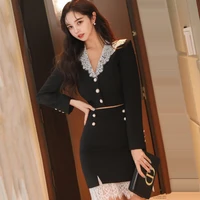 2022 spring new korean version high end temperament slim fit stitching lace small coat fashion professional bag hip skirt suit