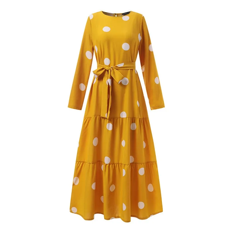2023 Women's Muslim Casual Robe Fashion Vintage Polka Dot Print Lace Up Slim Long Sleeved Temperament Commuter Zipper Dress XL