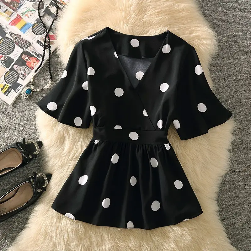 

Elegant Fashion Polka Dot Printing Ruffles Chiffon Shirt Summer 2023 New V-Neck Short Sleeve Slim Blouse Women Clothing Q77