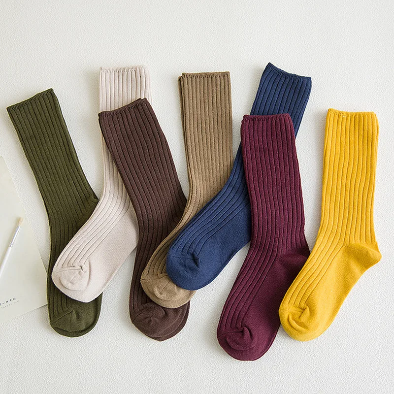 

Japanese Style Kawaii Cute Harajuku Retro Women Socks Korean Cotton Knitted Long Socks Casual Solid Black Beige Gray Crew Socks