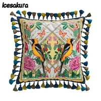 american flower and bird pillowcase light luxury nordic retro sofa pillow with tassel lace bedside back cushion