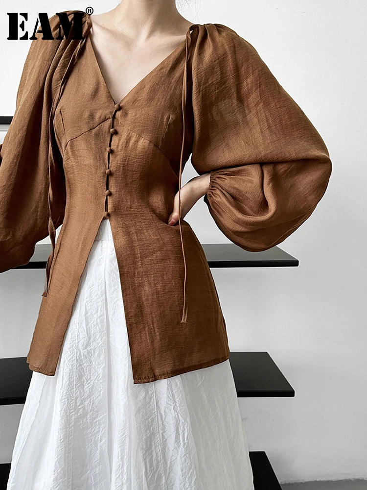 

[EAM] Women Coffee Elegant Long Blouse New V-neck Long Puff Sleeve Loose Fit Shirt Fashion Tide Spring Autumn 2023 1DF7907