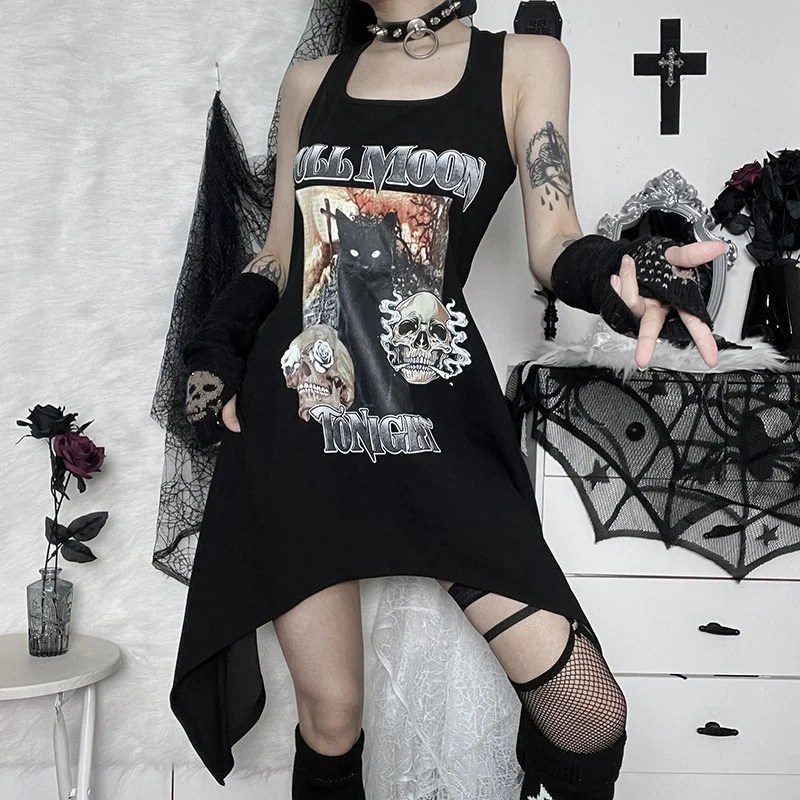 

New Fashion Women Goth Irregular Dress Non-sleeve Tank Printing Patchwork Square Collar Slim Pullover Gothic Lady Dress Autumn