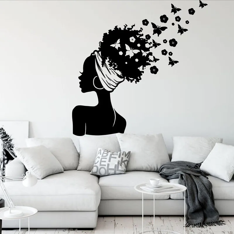 African American Wall Stickers African Strong Beautiful Girl Butterfly Beauty Salon Salon Home Bedroom Decoration Vinyl Decal 22