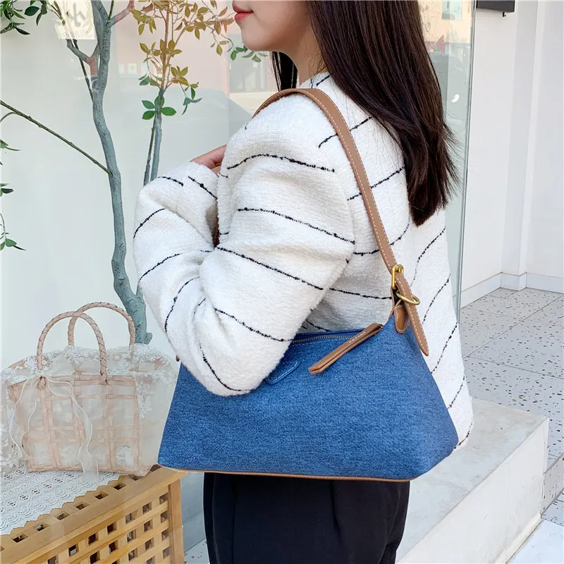 Blue And Black Canvas Retro Women Daily Party Underarm Dumpling Bag 2023 Trendy Leisure Temperament Soft One-shoulder Messenger