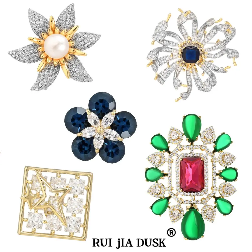 

RUI jIA DUSK New Brilliant Gemstone Six Leaf Flower Pearl brooch Feminine Elegant and High Grade Breastflower