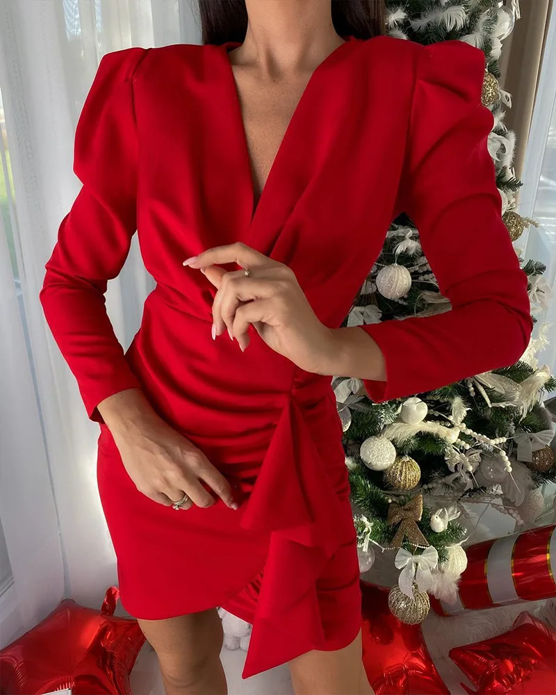 

Women's Summer 2022 Puff Sleeve Pleated Ruffle Dress