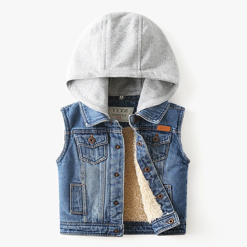 

Модный джинсовый жилет для мальчиков, утепленный флисовый съемный жилет с капюшоном и подкладом, Осень-зима, детская джинсовая куртка, верх...