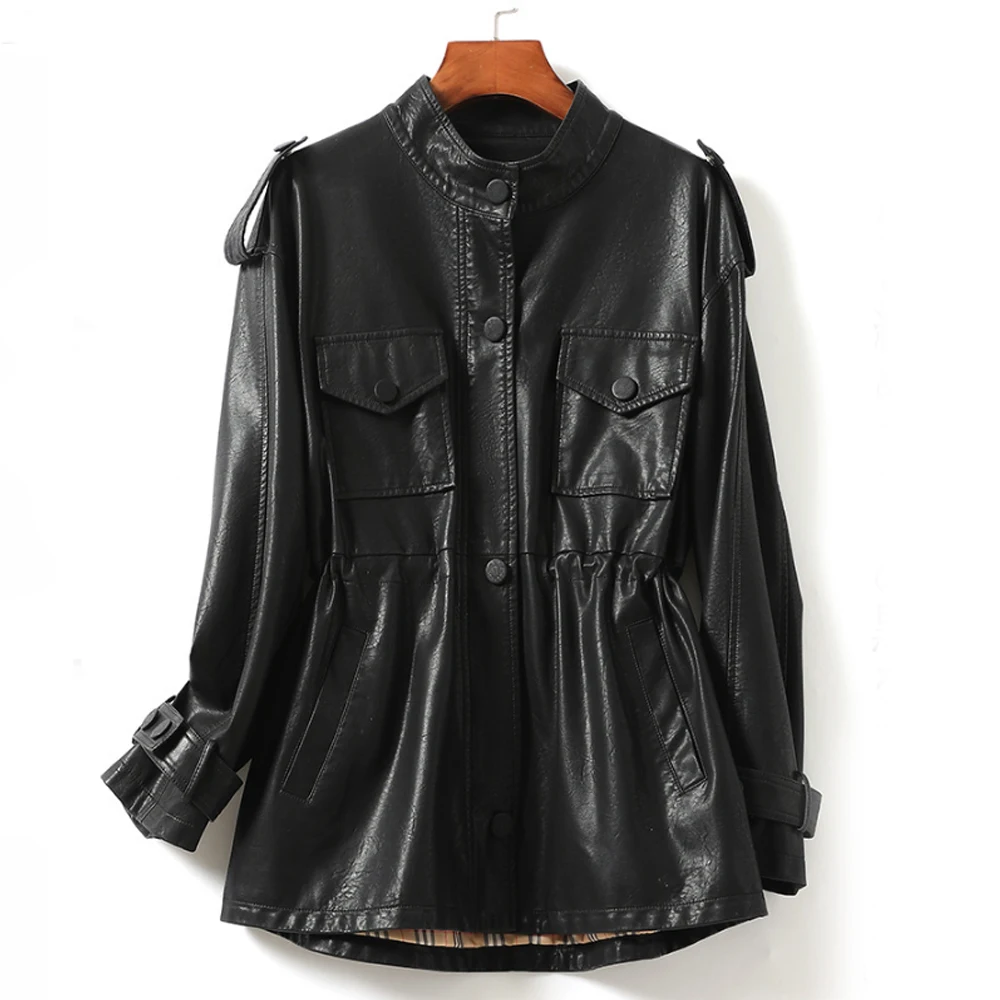 KoHuiJoo Leather Jacket Women 2022 Spring Autumn Fashion Plus Size Stand Collar Slim Leather Oversize PU Jacket Buttons M-4X
