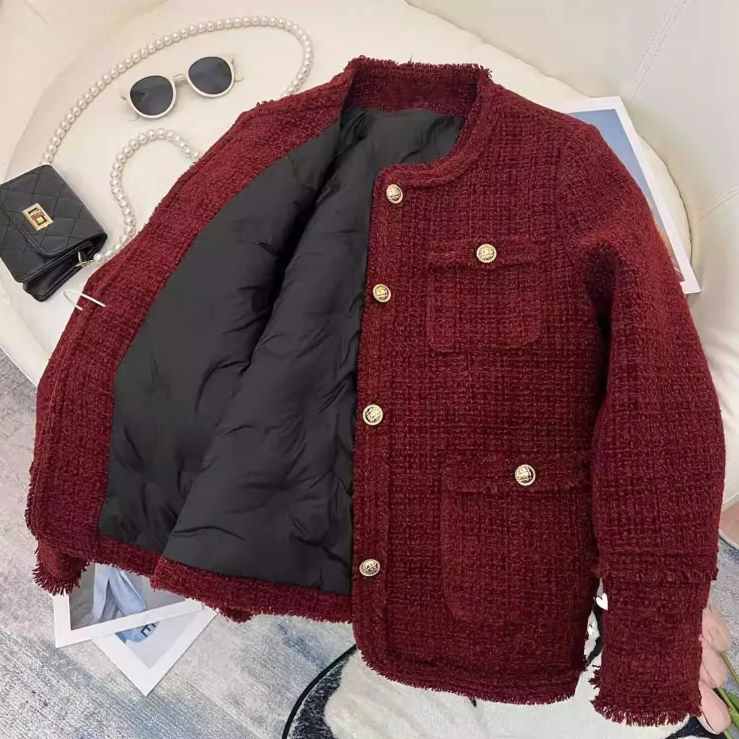 2024 Winter New Red Graceful Down jacket Women Short Thickened White Duck Down Liner Tweed Outerwear Fashion